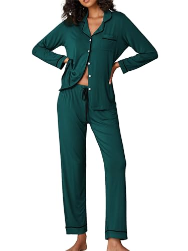 Ekouaer Schlafanzug Damen Baumwolle Pyjama Langarm Pyjama Set mit Knopfleiste Nachtwäsche V-Ausschnitt Zweiteiliger Pjs Sets Grün L von Ekouaer