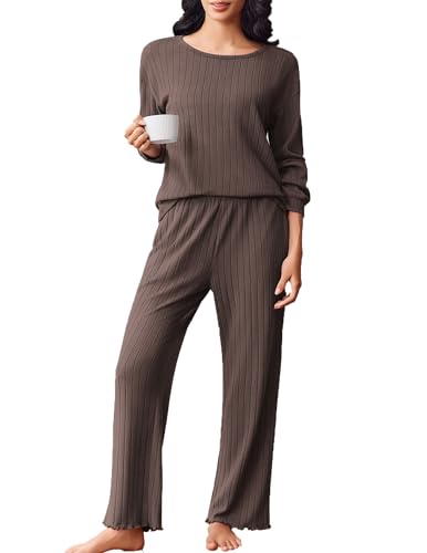 Ekouaer Schlafanzug Damen Baumwolle Pyjama Set Lang Zweiteiliger Nachtwäsche Gestrickt Sleepwear und Pyjamahose Hausanzug Freizeitanzug Pyjama Damen Winter Braun M von Ekouaer