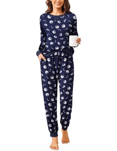 Ekouaer Schlafanzug Damen Baumwolle Pyjama Set Lang Zweiteiliger Nachtwäsche Raglanärmel Sleepwear Hausanzug Freizeitanzug blau L von Ekouaer