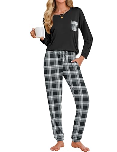 Ekouaer Schlafanzug Damen Baumwolle Pyjama Set Lang Zweiteiliger Nachtwäsche Sleepwear und Karierte Pyjamahose Hausanzug Freizeitanzug Schlafanzüge Damen Langarm Schwarz M von Ekouaer