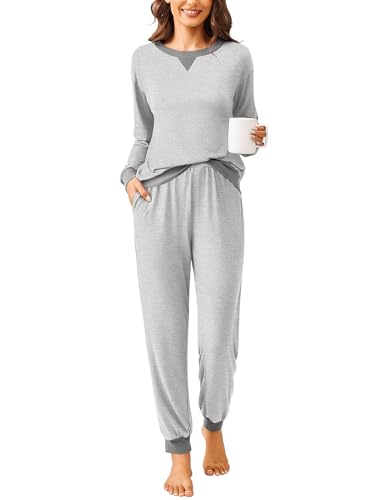 Ekouaer Schlafanzug Damen Baumwolle Pyjama Set Lang Zweiteiliger Nachtwäsche Sleepwear und Lange Pyjamahose Herbst Winter Freizeitanzug grau L von Ekouaer