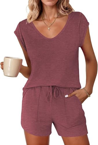 Ekouaer Schlafanzug Damen Baumwolle Pyjamas Set Ärmellos Nachtwäsche Set Zweiteiliger mit Shorty Pyjamahose und Shirt Casual Elastischer Bund Sleepwear Rot XL von Ekouaer