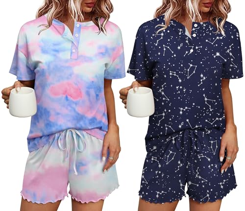 Ekouaer Damen Schlafanzug Kurzarm Baumwoll 2er Pack Pyjama Set Kurz mit Knopfleiste Zweiteiliger Hausanzug Nachtwäsche Damen XXL von Ekouaer