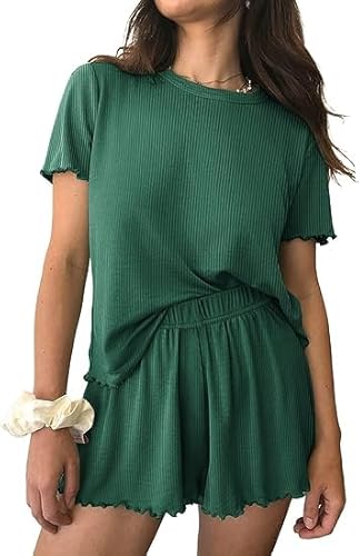 Ekouaer Schlafanzug Damen Gestrickt Pyjama Set Rundhals Kurze Ärmel Weich Zweiteiliger Sleepshirt Dunkelgrün S von Ekouaer