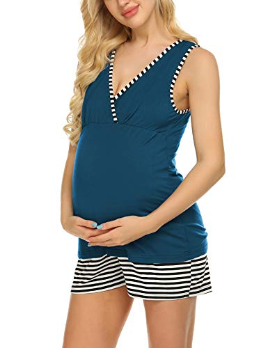 Ekouaer Schlafanzug Damen Hausanzug für Schwangerschaft Stillpyjama Kurz Stillen Nachtwäsche Pyjama-Set Wochenbett, Pfaublau, XXL von Ekouaer