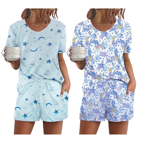 Ekouaer Damen Kurz Schlafanzug 2-teiliger Pyjamas Set Casual Floral Nachtwäsche mit Taschen Mond/Blumen S von Ekouaer