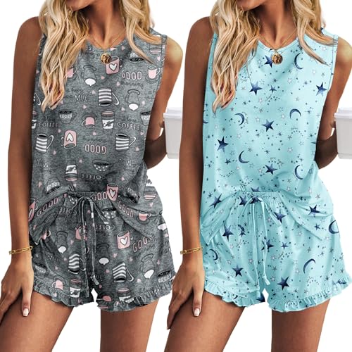 Ekouaer Schlafanzug Damen Kurz 2 Pack Pyjama Set Ärmellos Zweiteiliger Sommer Shorty mit Taschen Sleepwear Grau/blau L von Ekouaer