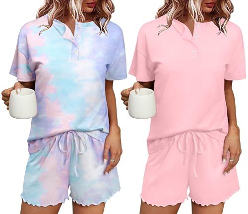 Ekouaer Schlafanzug Damen Kurz 2er Pack Pajamas Set Kurze Nachtwäsche Schlafhose Schlafanzüge für Damen Hausanzug Rosa L von Ekouaer
