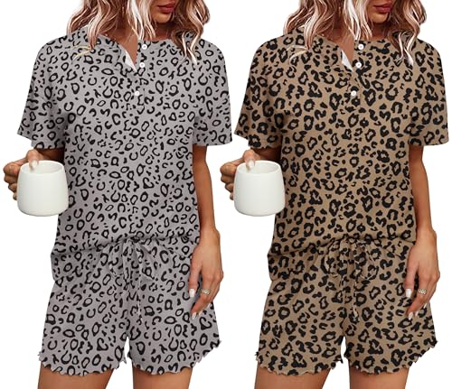 Ekouaer Schlafanzug Damen Kurz 2er Pack Pyjama Baumwolle Shorty Sommer Nachtwäsche Kurzarm mit Knöpfen Pyjama Damen Kurz Leopard S von Ekouaer
