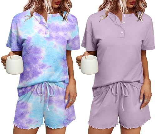 Ekouaer Schlafanzug Damen Kurz 2er Pack Shorty Pyjama Baumwolle Sommer Nachtwäsche mit Knöpfen Lila S von Ekouaer