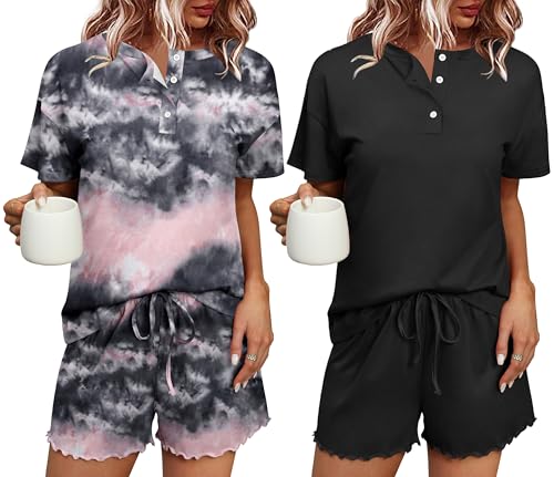 Ekouaer Schlafanzug Damen Kurz Baumwolle 2er Pack Pyjama Damen mit Knöpfen Frauen Nachtwäsche Zweiteiliger Pjs Sets Schlafanzüge für Damen Schwarz XXL von Ekouaer