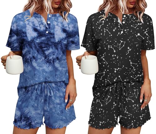 Ekouaer Schlafanzug Damen Kurz Baumwolle Pyjama Damen mit Knöpfen Schlafanzug Frauen Sommer Süß Nachtwäsche Zweiteiliger Pjs Sets Hausanzug Sleepwear Set XXL von Ekouaer