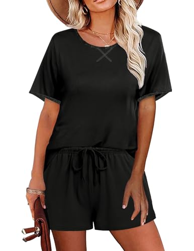 Ekouaer Schlafanzug Damen Kurz Baumwolle Pyjama Set Rundhals Zweiteiliger Nachtwäsche Shorty Loungewear Sleepwear für Sommer L von Ekouaer