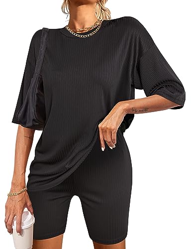 Ekouaer Schlafanzug Damen Kurz Baumwolle Pyjama Set Zweiteiliger Nachtwäsche Shorty Loungewear Sleepwear für Sommer Schwarz M von Ekouaer