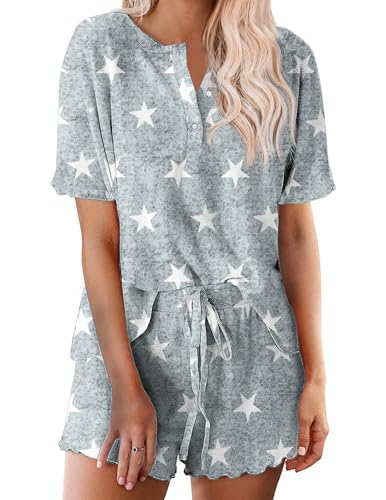 Ekouaer Schlafanzug Damen Kurz Baumwolle Pyjamas mit Knopfe Schlafanzüge Krawattenfarbe Pjs Sets Kurzarm Sleepwear für Frauen von Ekouaer