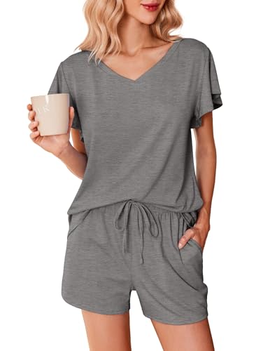 Ekouaer Schlafanzug Damen Kurz Baumwolle Zweiteiliger Pyjama Set Kurzarm Nachtwäsche Wimperndruck Sleepwear Hausanzug Loungewear von Ekouaer