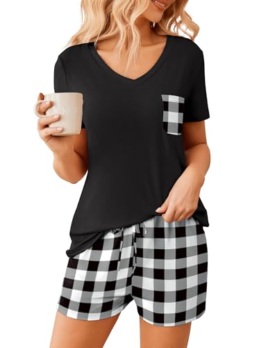 Ekouaer Schlafanzug Damen Kurz Langarm Rundhals Zweiteilige Pyjama Set Oberteile und Shorts, Plaid Grau, L Ekouaer Schlafanzug Damen Kurz Langarm Rundhals Zweiteilige Pyjama Set Oberteile und Shorts, Plaid Grau, L von Ekouaer