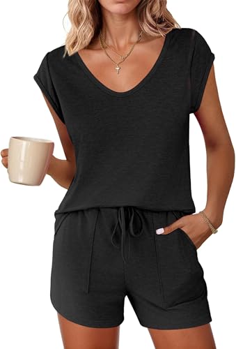 Ekouaer Schlafanzug Damen Kurz Pyjama Baumwolle Ärmellos Pyjamas Set Nachtwäsche Zweiteiliger mit Shorty Pyjamahose und V Aussschnitt Shirt Elastischer Bund Taschen Sleepwear für Sommer Schwarz XXL von Ekouaer