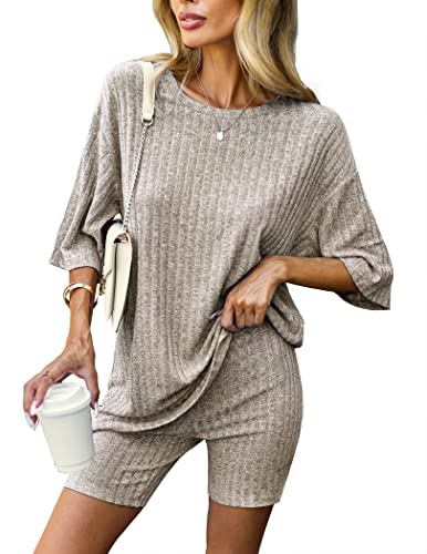 Ekouaer Schlafanzug Damen Kurz Pyjama Baumwolle Kurzarm Pyjamas Set Nachtwäsche Zweiteiliger Pyjamahose und Shirt Rundhals Elastischer Bund Taschen Sleepwear für Sommer XXL von Ekouaer