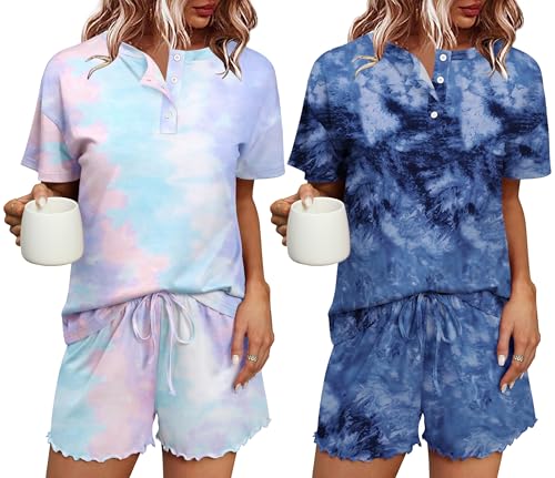 Ekouaer Schlafanzug Damen Kurz Pyjama Baumwolle Kurzarm Pyjamas Set Süß Nachtwäsche Set Zweiteiliger mit Damen Pyjamahose Elastischer Bund Taschen Sleepwear für Sommer S von Ekouaer