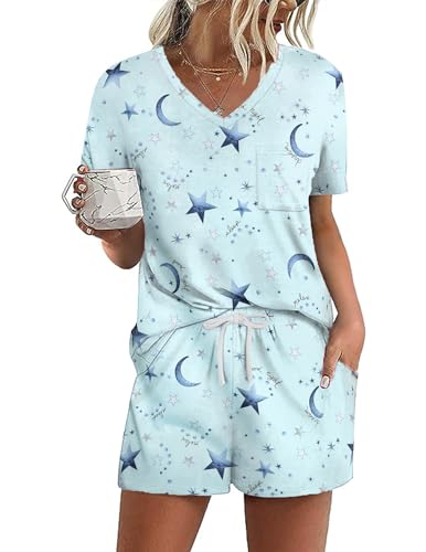 Ekouaer Schlafanzug Damen Kurz Pyjama Damen with Taschen Sommer Nachtwäsche Blau-Stern L von Ekouaer