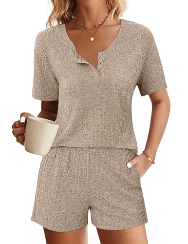 Ekouaer Damen Schlafanzug Kurz Pyjama Set Damen Pijamas Zweiteiliger Nachtwäsche, Khaki, L von Ekouaer