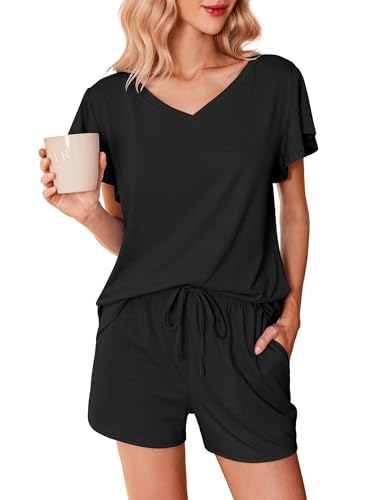 Ekouaer Schlafanzug Damen Kurz Pyjama Kurzarm Pyjamas Set Sommer Zweiteiliger mit Damen Pyjamahose und Shirt V-Ausschnitt Elastischer Bund Taschen Sleepwear von Ekouaer