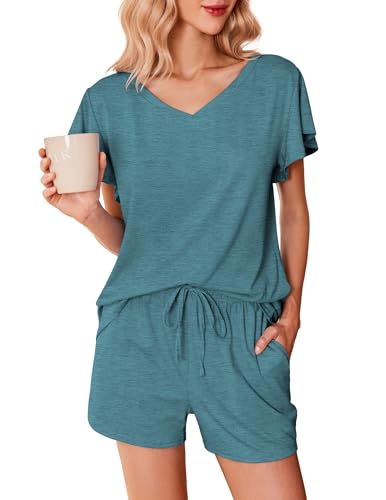 Ekouaer Pyjama Damen Kurz Schlafanzug Damen V Ausschnitt Zweiteiliger Nachtwäsche Shorty Loungewear Sleepwear für Sommer Blau Grün S von Ekouaer