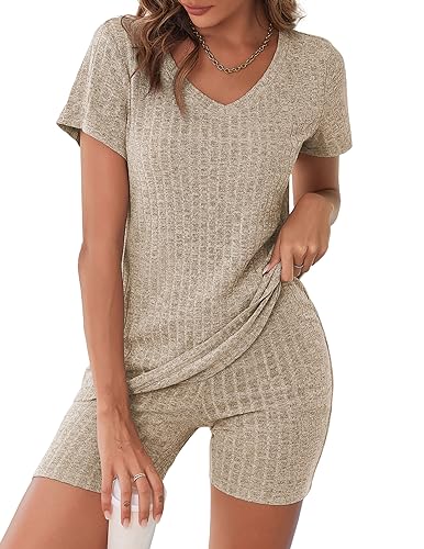 Ekouaer Schlafanzug Damen Kurz Pyjama Nachtwäsche Top und Schlafshorts Zweiteiliger Nachtwäsche,Khaki,M von Ekouaer