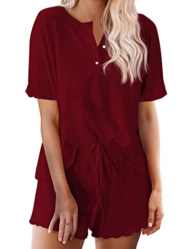 Ekouaer Damen Schlafanzug mit Knopfleiste Kurzarm Nachtwäsche Pyjamas Set Zweiteiliger Nachtwäsche Hausanzug PJs XL von Ekouaer