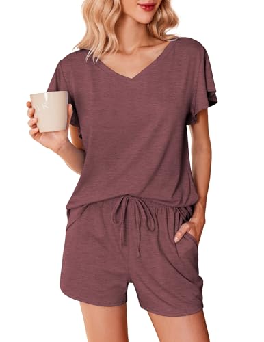 Ekouaer Schlafanzug Damen Kurzarm Pyjama Damen Sommer Hausanzug Kurz Nachtwäsche Shirt & Shorts Lounge Set S-XXL Rot L von Ekouaer