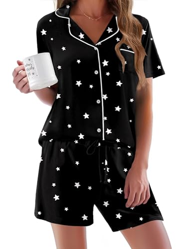 Ekouaer Schlafanzug Damen Kurz Pyjama Set Kurzarm Schlafanzüge Frauen Sommer Hausanzug Kurz Lounge Set Zweiteiliger Sleepwear mit Knöpfen und Taschen, Schwarz mit Sternen, L von Ekouaer