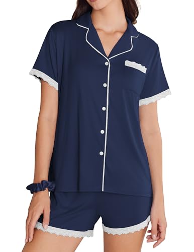 Ekouaer Schlafanzug Damen Kurz Pyjama Set Kurzarm Sommer Schlafanzüge Knopfleiste, Dunkelblau XL Ekouaer Schlafanzug Damen Kurz Pyjama Set Kurzarm Sommer Schlafanzüge Knopfleiste, Dunkelblau XL von Ekouaer