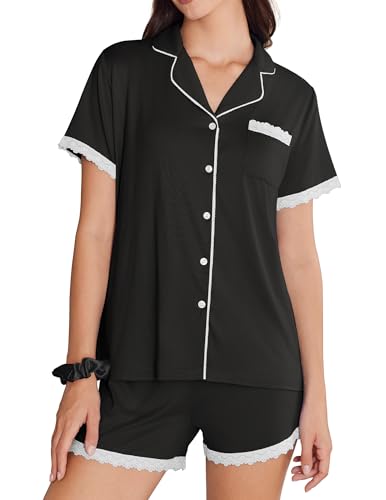 Ekouaer Schlafanzug Damen Kurz Pyjama Set Kurzarm Sommer Schlafanzüge Knopfleiste, Schwarz XXL Ekouaer Schlafanzug Damen Kurz Pyjama Set Kurzarm Sommer Schlafanzüge Knopfleiste, Schwarz XXL von Ekouaer
