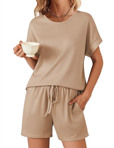 Ekouaer Shorty Pyjama Damen Rundhals Kurze Schlafanzüge für Damen mit Kordelzug und Taschen, Khaki, S von Ekouaer