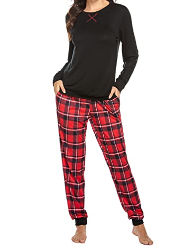 Ekouaer Damen Schlafanzug Langarm Pyjamaset Rundhals Pyjama Lang Winter Nachtwäsche Zweiteilige Sleepwear Loungewear Hausanzug Schwarz S von Ekouaer