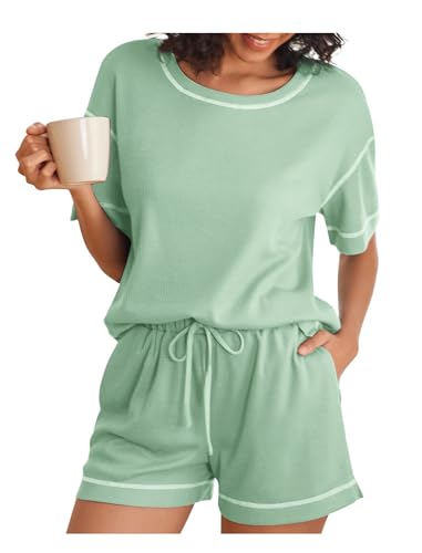 Ekouaer Pyjama Weiche Schlafanzüge für Damen Leichte Pyjamas Set Sleepwear Hausanzug Loungewear mit Taschen und Kordelzug Hellgrün XXL von Ekouaer