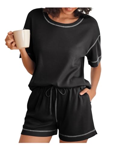 Ekouaer Schlafanzug Damen Weiche Sommer Pyjama Set Damen Kurz Zweiteiliger Nachtwäsche mit Taschen und Kordelzug Sleepwear Schwarz XXL von Ekouaer