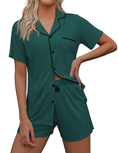 Ekouaer Schlafanzug Damen Kurz mit Knopfleiste Nachtwäsche Pyjamas Set Zweiteiliger Kurzarm Lange Hose Hausanzug,Grün,M von Ekouaer