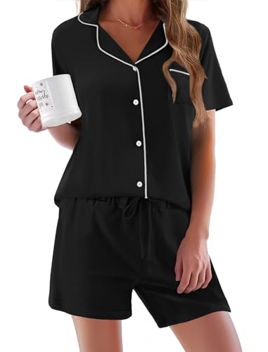 Ekouaer Schlafanzug Damen Kurzarm Pyjama Set Damen Kurz Nachtwäsche Sommer Schlafanzüge für Damen Hausanzug Baumwolle Lounge Set,Schwarz,XXL von Ekouaer