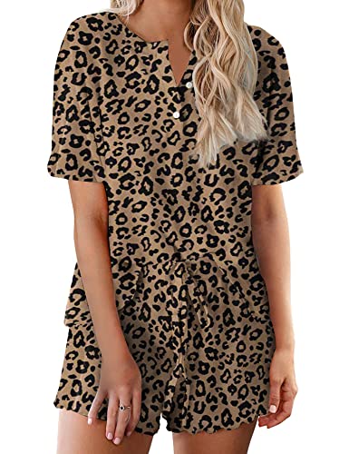 Ekouaer Pyjama Damen Schlafanzug Kurzarm Pyjamas Set mit Knopfleiste Nachtwäsche Zweiteiliger Pjs Sets Hausanzug Schwarzer Leopardenmuster XXL von Ekouaer