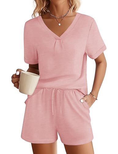 Ekouaer Schlafanzug Damen Kurz Pyjama Set Zweiteiliger Hausanzug Sommer Elegant Nachtwäsche weich PJS mit Tasche Rosa XL von Ekouaer