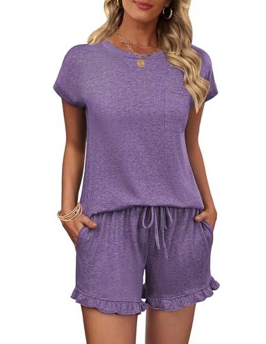 Ekouaer Schlafanzug Damen Kurz Pyjama Set mit Rüschen Shorts und Kurzarm Zweiteiliger Nachtwäsche Sommer Loungewear Lila M von Ekouaer