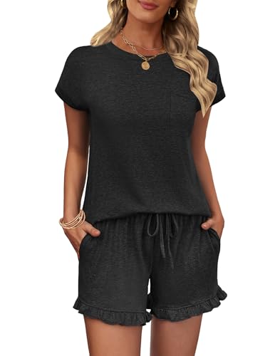 Ekouaer Schlafanzug Damen Kurz Pyjama Set mit Rüschen Shorts und Kurzarm Zweiteiliger Nachtwäsche Sommer Loungewear Schwarz L von Ekouaer