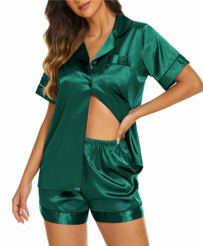 Ekouaer Schlafanzug Damen Kurz Pyjama Shorty Sommer Pyjama Set V-Ausschnitt mit Knopfleiste Kurze Schlafanzüge Nachtwäsche Hausanzug Sleepwear mit Taschen,dunkelgrün,L von Ekouaer