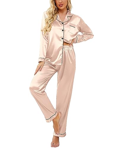 Ekouaer Schlafanzug Damen Lang Satin Pyjama Set Schlafanzug Damen Zum Knöpfen Lange Schlafanzüge Hausanzug Sleepwear mit Taschen,Champagner,L von Ekouaer