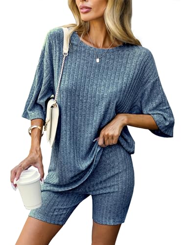 Ekouaer Schlafanzug Damen Kurz Pyjamas Set Kurzarm Sommer Loungewear Sleepwear Hausanzug Blau L von Ekouaer