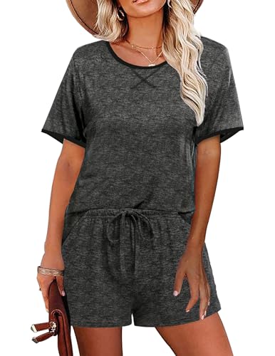 Ekouaer Schlafanzug Damen Kurz Shorty Pyjama Baumwolle Sommer Nachtwäsche T Shirt mit Karierten Shorts L von Ekouaer