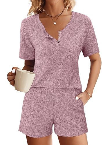 Ekouaer Pyjama Damen Sommer Damen Rundhals Schlafanzug Sommer Zwei Seitentaschen Pyjamahose und Shirt, Lilarot, XXL von Ekouaer