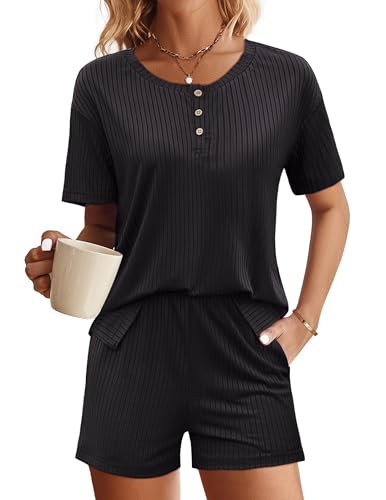 Ekouaer Shorty Pyjama Damen Rundhals Kurze Schlafanzüge für Damen mit Knöpfe Zweiteiliger, Schwarz, XXL von Ekouaer